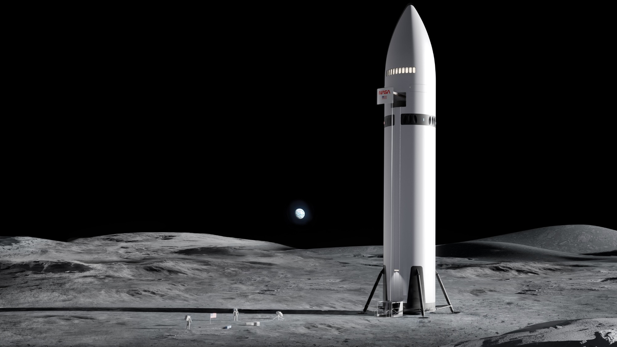 illustration of a very tall white spacecraft on the moon, with earth in the background