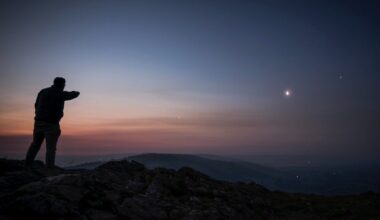 a person stands with their back to the viewer, pointing at several bright dots in the early morning sky
