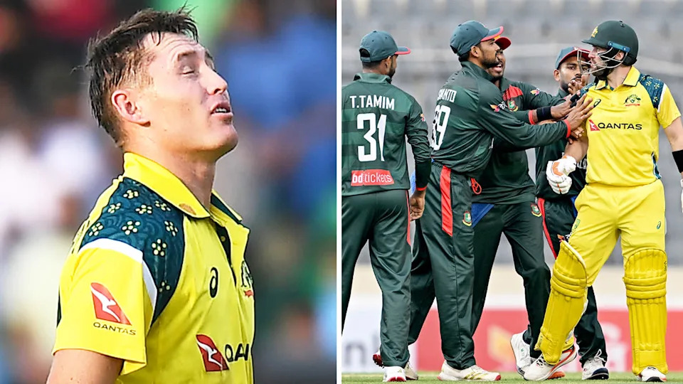 Marnus Labuschagne (pictured left) has once against struggled in the green and gold as Josh Inglis (pictured far right) shared some words with Bangladesh bowler Nahid Rana in the defeat. (Images: Getty Images)