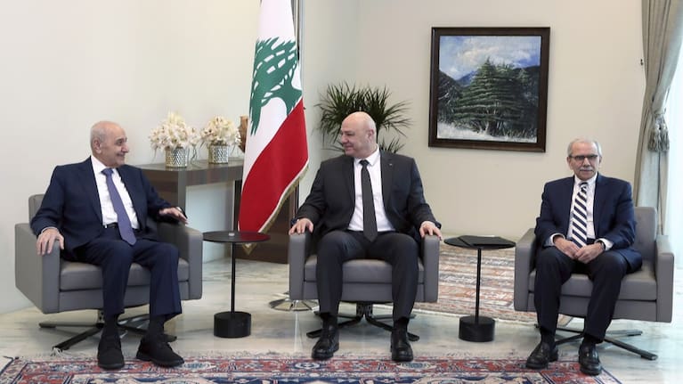 Lebanese president Joseph Aoun, center, meets with Prime Minister-designate Nawaf Salam, right, and parliament speaker Nabih Berri, left, in Baabda, east of Beirut, Lebanon.