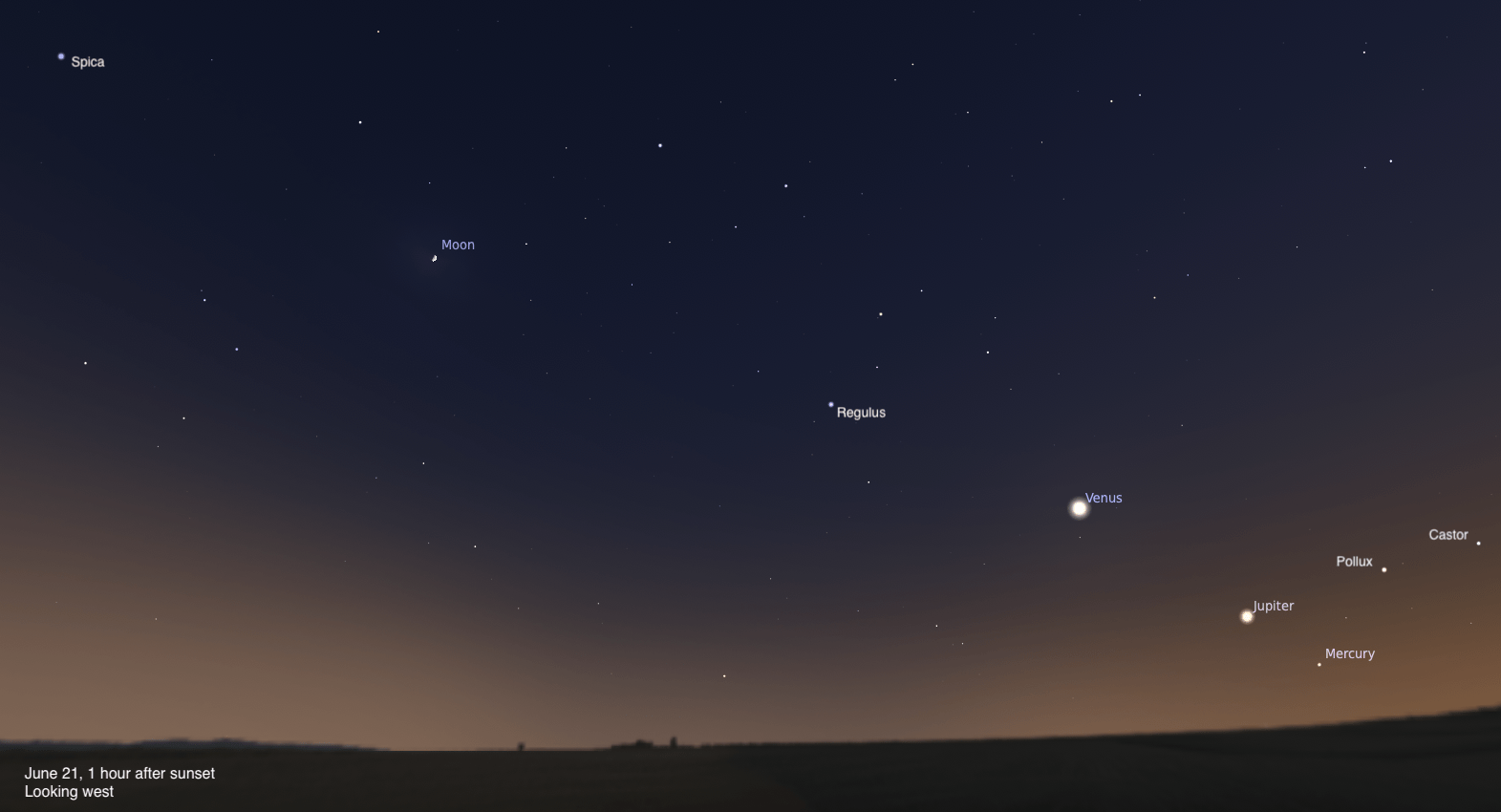 Planetarium simulation of the eastern sky on June 22, 2026, at 2 AM. Vega is at the top, with Deneb and the North America Nebula (NGC 7000, marked with a dashed blue box) at center, and Altair visible at right — the three stars of the Summer Triangle.