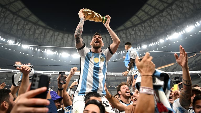 Lionel Messi lifts the World Cup after Argentina's victory over France.