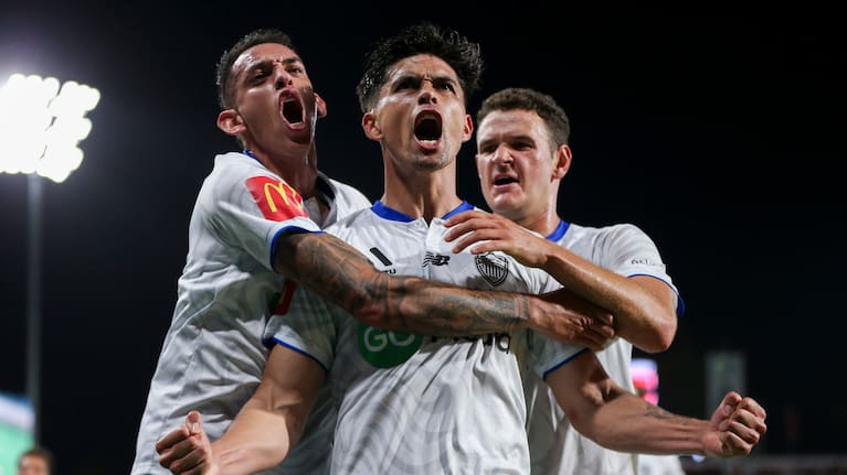 Logan Rogerson of Auckland FC celebrates a goal in the final seconds during the draw against Adelaide United.