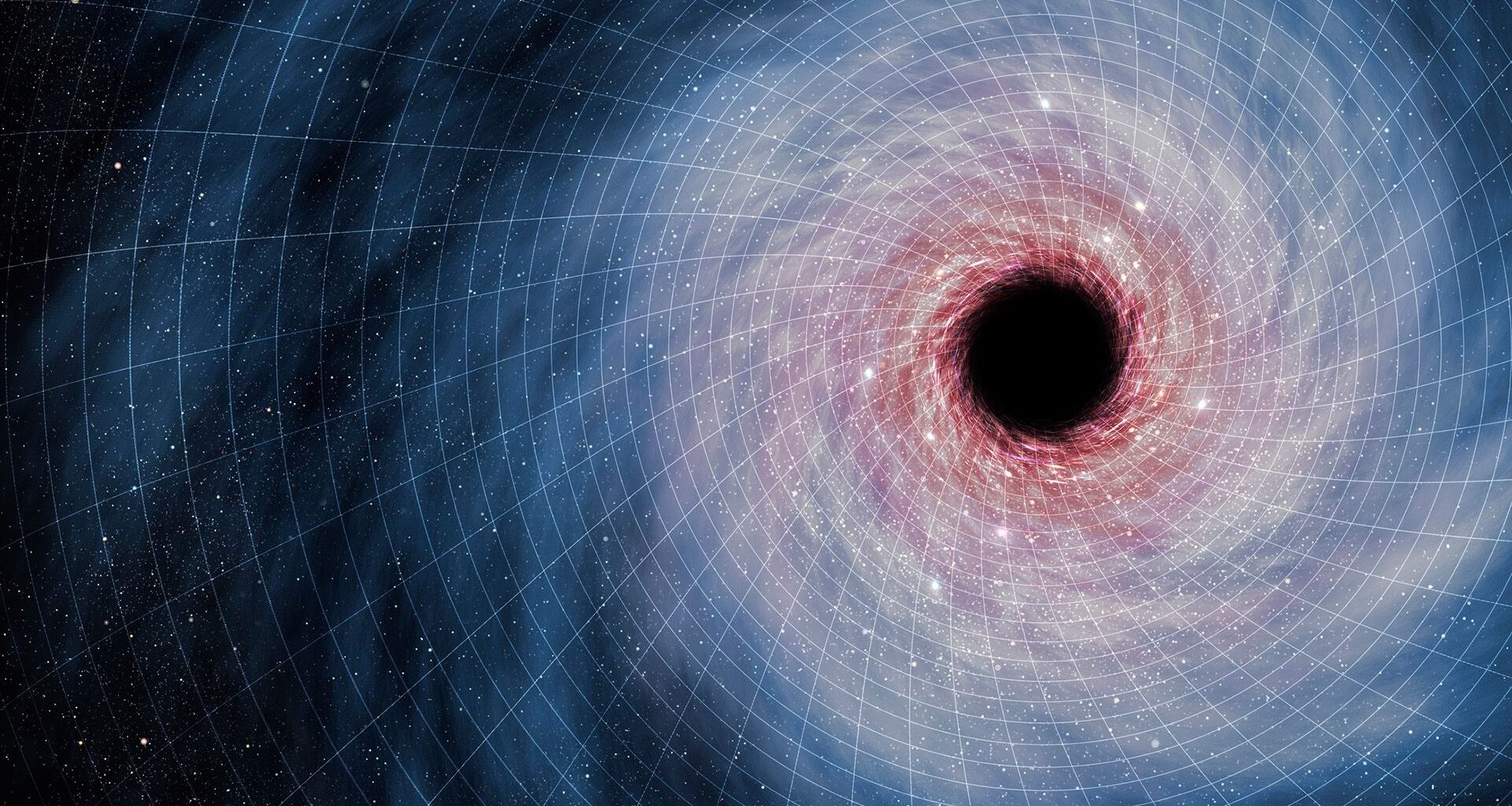 An illustration of a black hole surrounded by swirling pink and blue gas in the darkness of space.