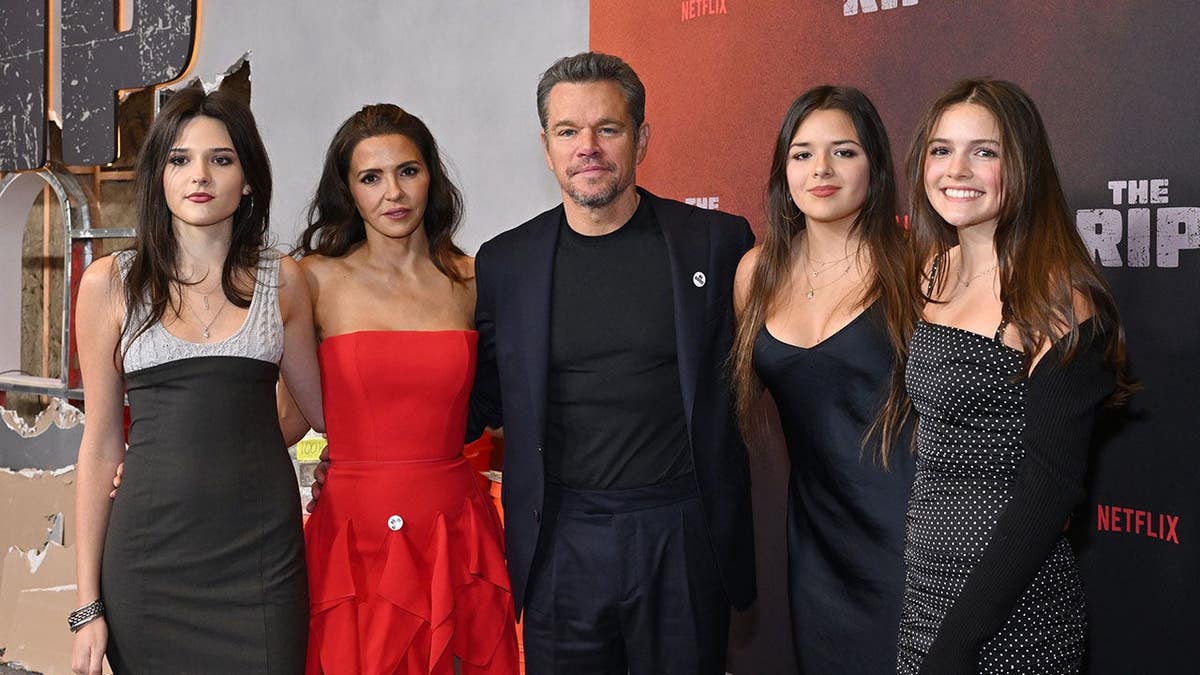 Matt Damon standing with Isabella Damon, Luciana Damon, Gia Damon, and Stella Damon at Alice Tully Hall