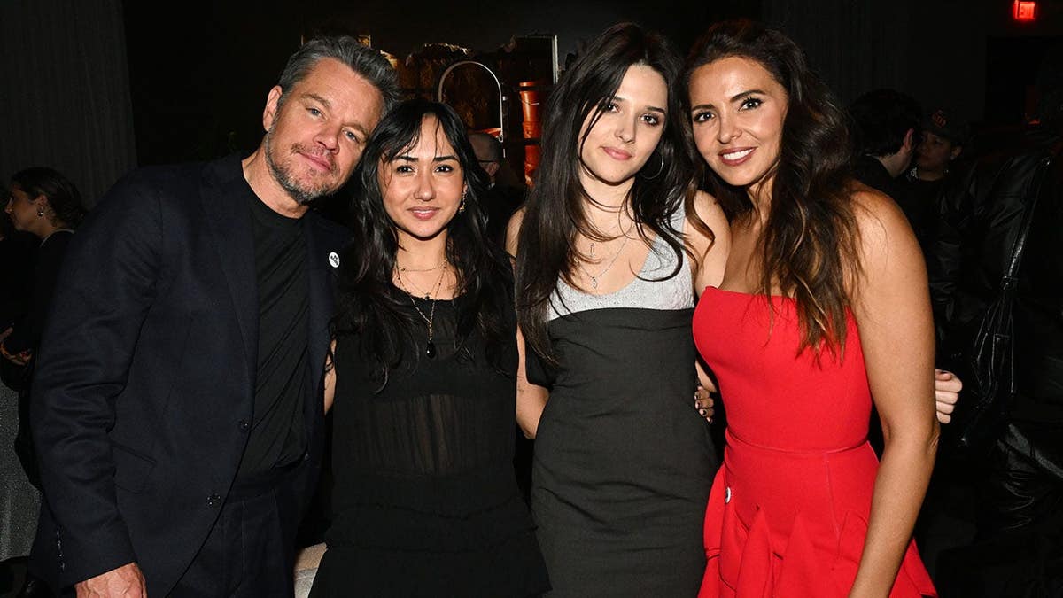 Matt Damon standing with Alexia Barroso, Isabella Damon, and Luciana Damon at The Rip world premiere afterparty in New York City