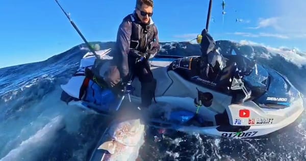 Jet ski fisherman lands 95.6kg tuna after shark bites off its tail