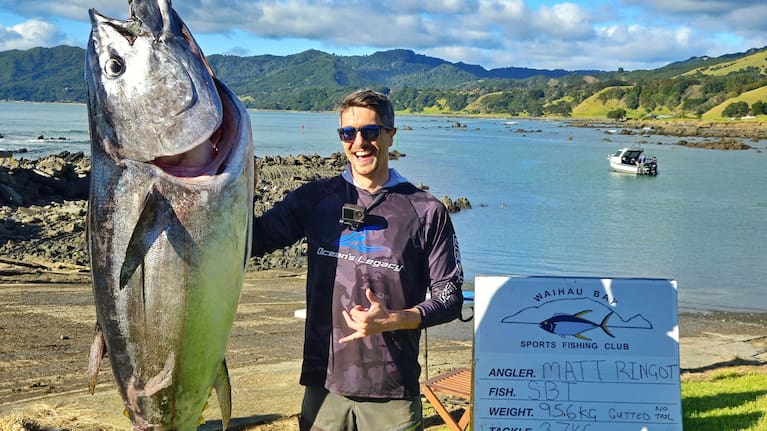 Matt Ringot says the 96.7kg tuna is by far the biggest catch he's ever hauled in.