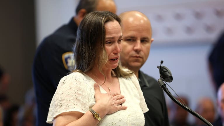 Melissa Cann, sister of Maureen Brainard Barnes, speaks prior to sentencing of Gilgo serial killer Rex Heuermann by Judge Tim Mazzei at Suffolk County Court.