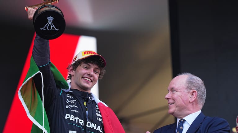 Mercedes driver Andrea Kimi Antonelli, of Italy, celebrates on the podium after winning the Formula One Monaco Grand Prix race at the Monaco racetrack.