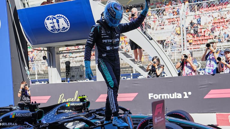 Mercedes driver George Russell of Britain celebrates his pole position after qualifying session for the Spain F1 Grand Prix at the Barcelona Catalunya racetrack in Montmelo, near Barcelona, Spain, Saturday, June 13, 2026