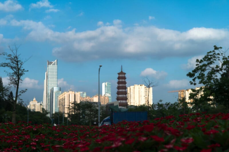 Modern city skyline with tall buildings and a traditional pagoda tower in the center, set against a blue sky with clouds. Red flowers fill the foreground, and trees frame the sides of the image.