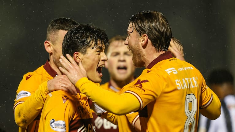 Motherwell's Elijah Just (L) celebrates with Callum Slattery (R) after scoring to make it 1-0 during a William Hill Premiership match between St Mirren and Motherwell