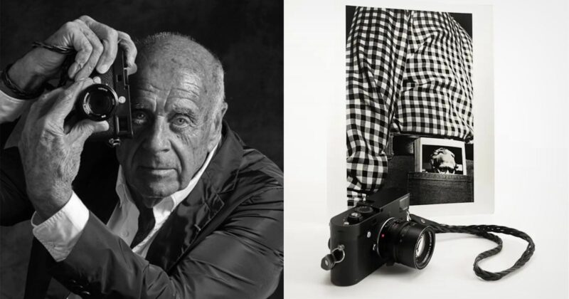 Black-and-white photo showing an older man holding a camera to his eye on the left, and on the right, a camera in front of a photo of a person in a checkered shirt with a photo tucked into their waistband.