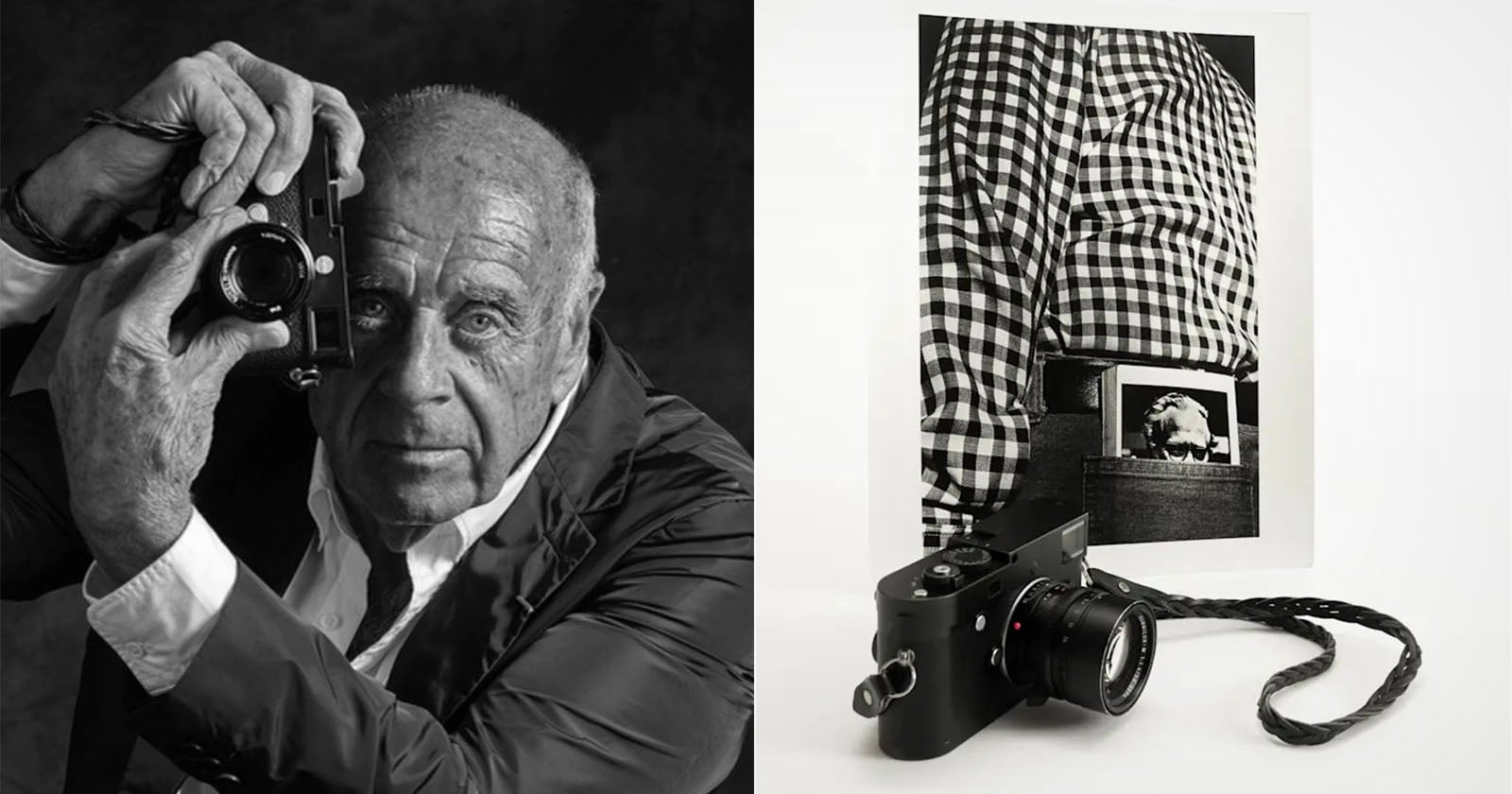 Black-and-white photo showing an older man holding a camera to his eye on the left, and on the right, a camera in front of a photo of a person in a checkered shirt with a photo tucked into their waistband.