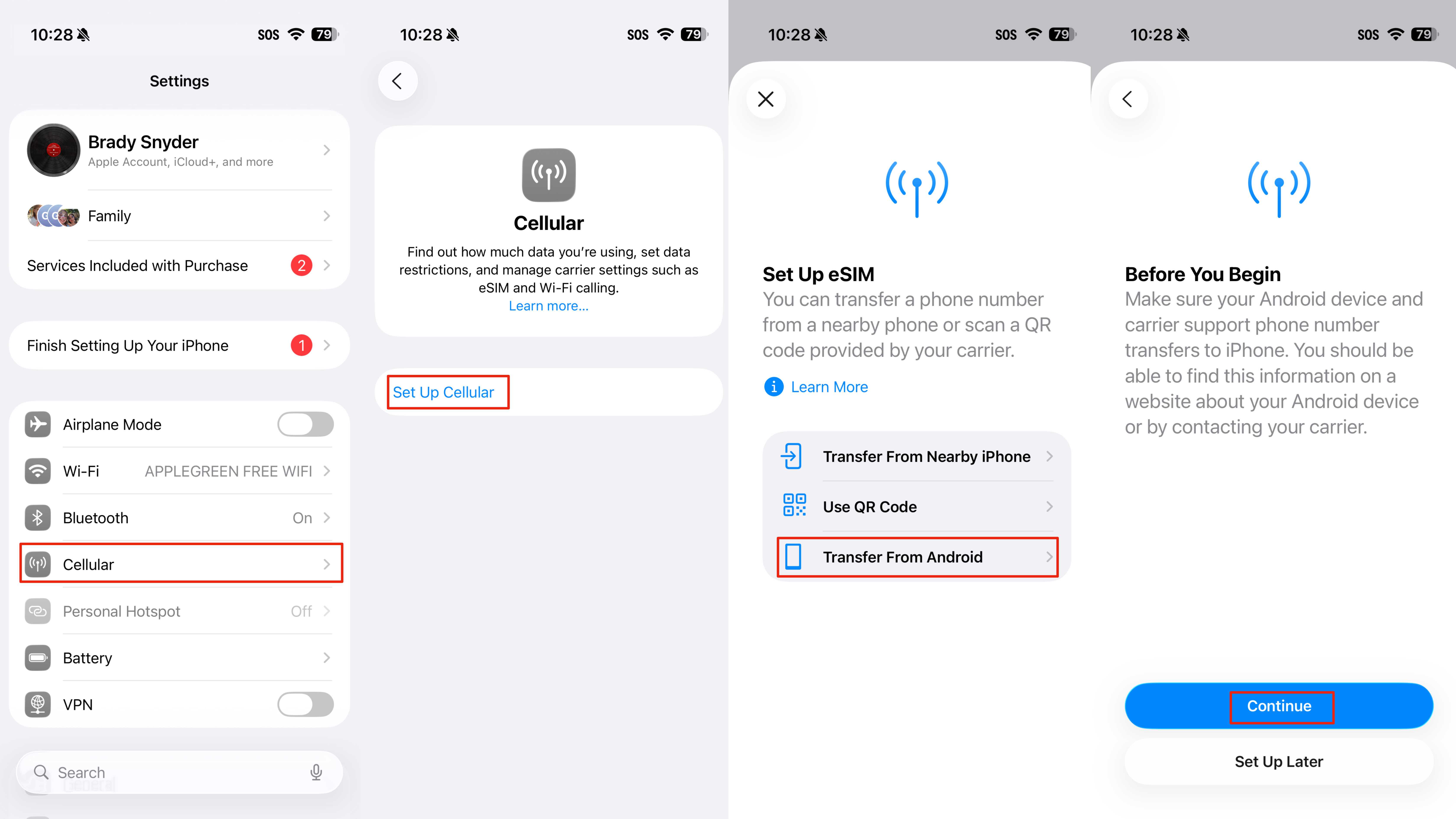 Transferring an eSIM from an Android phone to an iPhone.