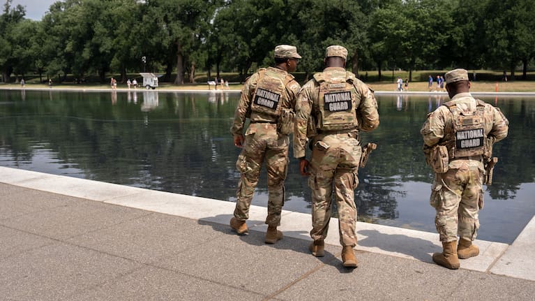 National Guard service members and US Park Police patrolled the deck around the Lincoln Memorial Reflecting Pool on Tuesday.
