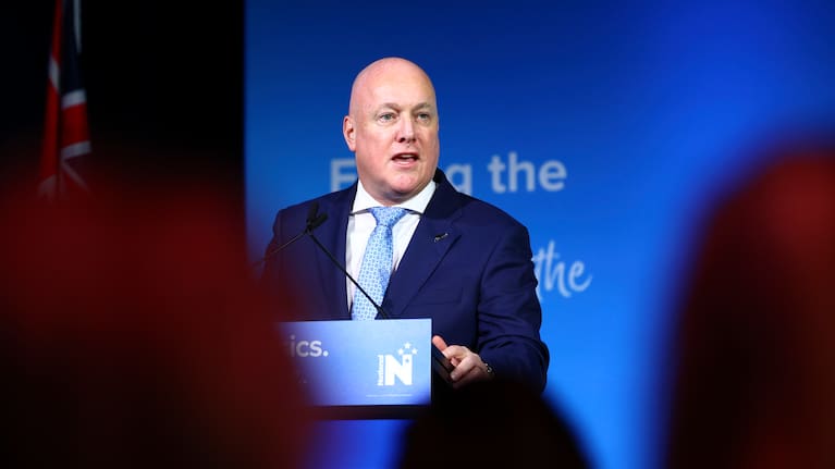 Party leader and Prime Minister Christopher Luxon speaks during the National Party 90th Annual Conference at Lower Hutt Event Centre