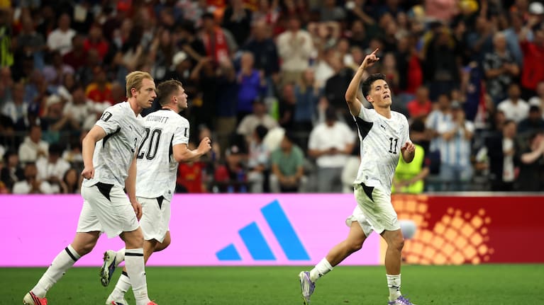 Elijah Just celebrates his goal against Belgium at BC Place, Vancouver.