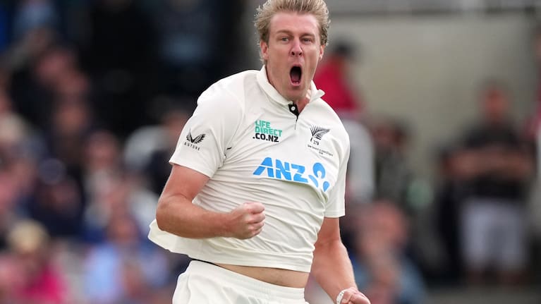 New Zealand's Kyle Jamieson celebrates taking the wicket of England's Jamie Smith during the first day of the test match between England and New Zealand at Lord's cricket ground in London, Thursday, June 4, 2026.