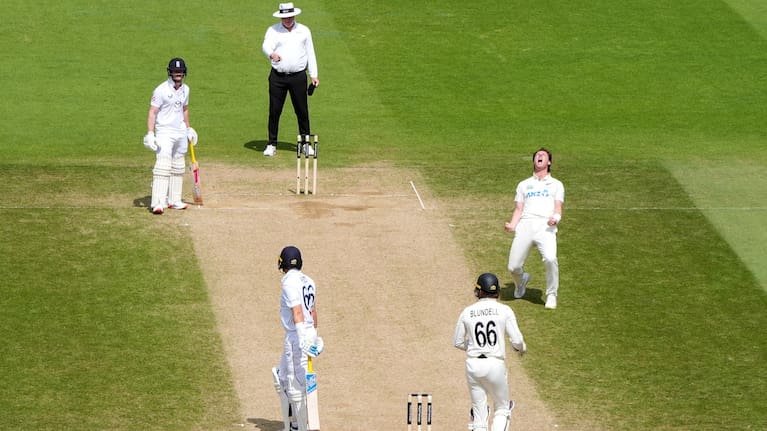 New Zealand's Matt Henry celebrates taking the wicket of England's Joe Root on day five of the Second Rothesay Test cricket match between England and New Zealand.