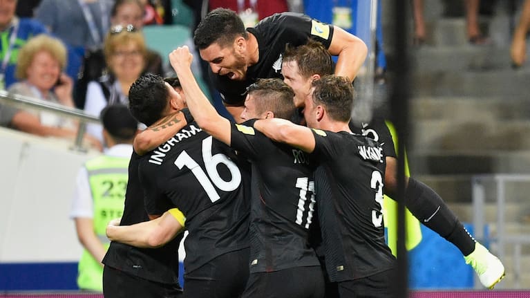 New Zealand's players celebrate after Chris Wood scored during their Confederations Cup Group A soccer match against Mexico in Sochi, Russia, June 21, 2017.