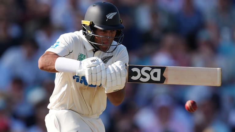 New Zealand's Rachin Ravindra bats on day three of the second cricket test between England and New Zealand, in London, Friday June 19, 2026.