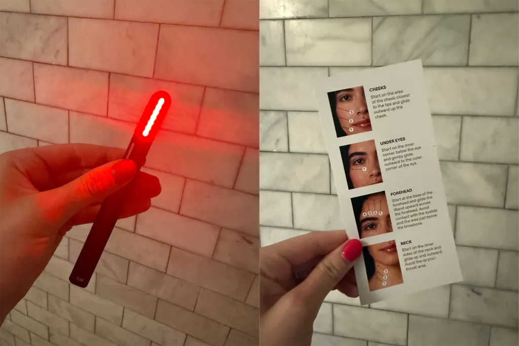 Red light therapy wand and instructions for facial application.