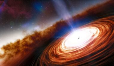This artist's illustration shows the quasar J0313-1806, which was identified as the earliest known supermassive black hole, which weighs in at more than 1.6 billion times the mass of the Sun. It existed only about 670 million years after the Big Bang. The existence of these overmassive blackh holes posed a problem for researchers, since according to our understanding, didn't have enough time to grow so massive. New research suggests that it, and others like it, were misunderstood outliers. Image Credit: NOIRLab/NSF/AURA/J. da Silva (Spaceengine)