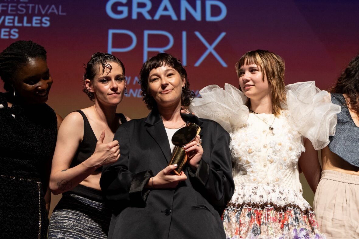 Kristen Stewart poses onstage with Paloma Schneideman at the 4th Nouvelles Vagues International Biarritz Film Festival closing ceremony after Big Girls Don’t Cry won the Grand Prix.