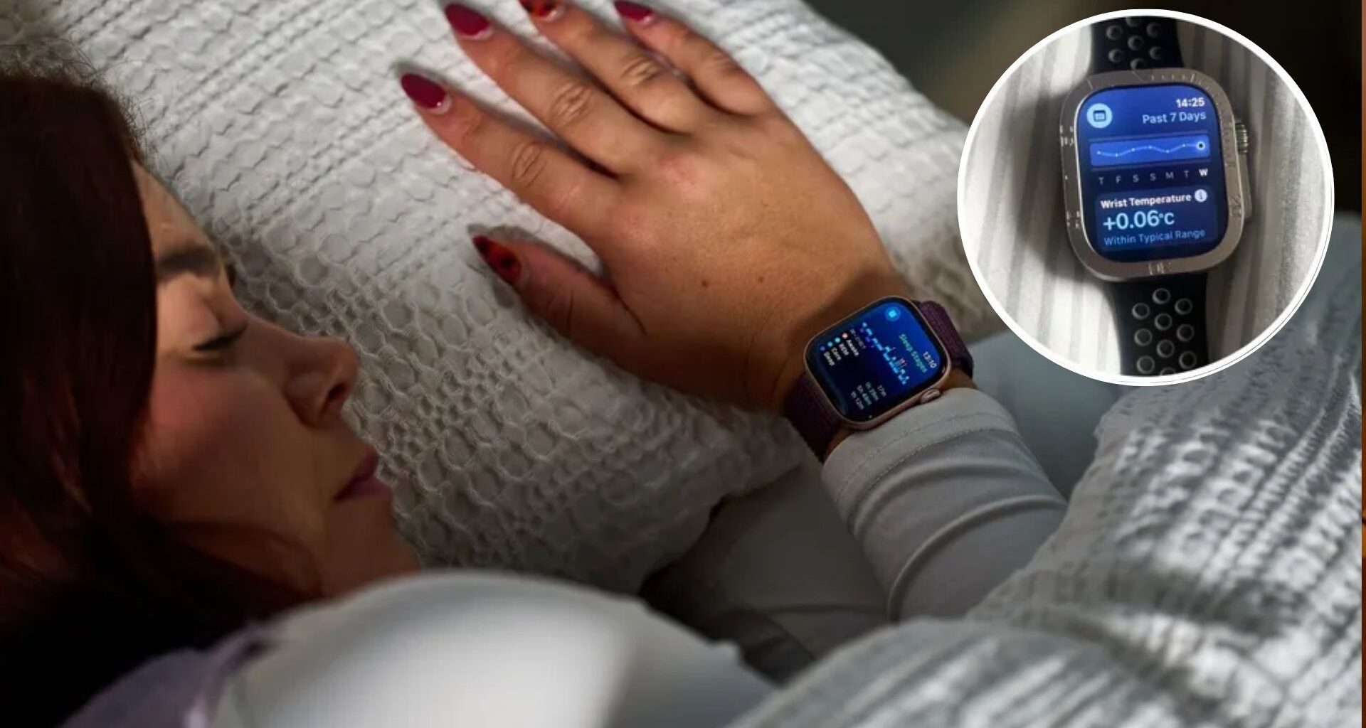 A close up of a dark haired woman asleep, with her head resting on a white pillow and with a white duvet placed over her. On her wrist, we see an Apple Watch tracking her sleep.