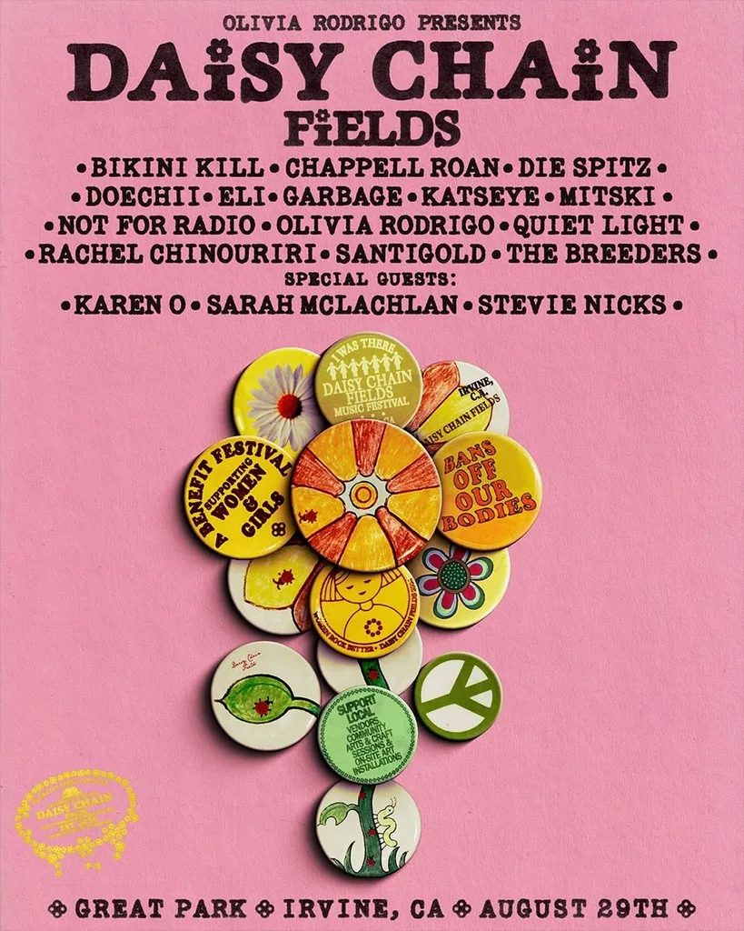 the tour poster and lineup for the Daisy Chain Fields music festival held by Olivia Rodrigo