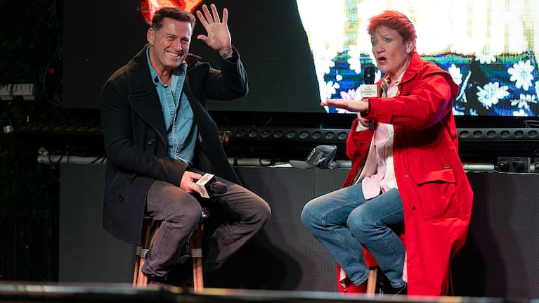 One Nation leader, Pauline Hanson, is interviewed by TV personality, Karl Stefanovic, ahead of the Farrer by-election on May 8, 2026 in Albury, Australia.
