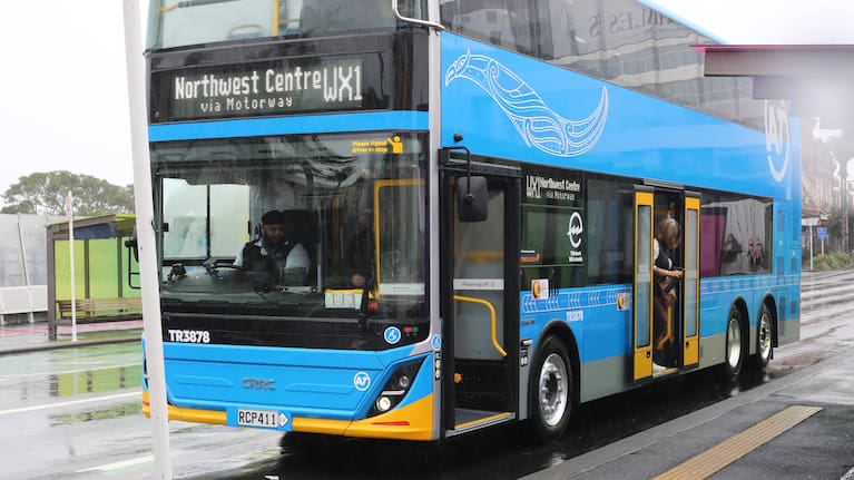 One of the new electric double-deckers in operation on Karangahape Rd..