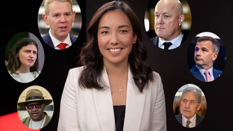 Opportunity Party leader Qiulae Wong, centre, with leaders of the other major parties.