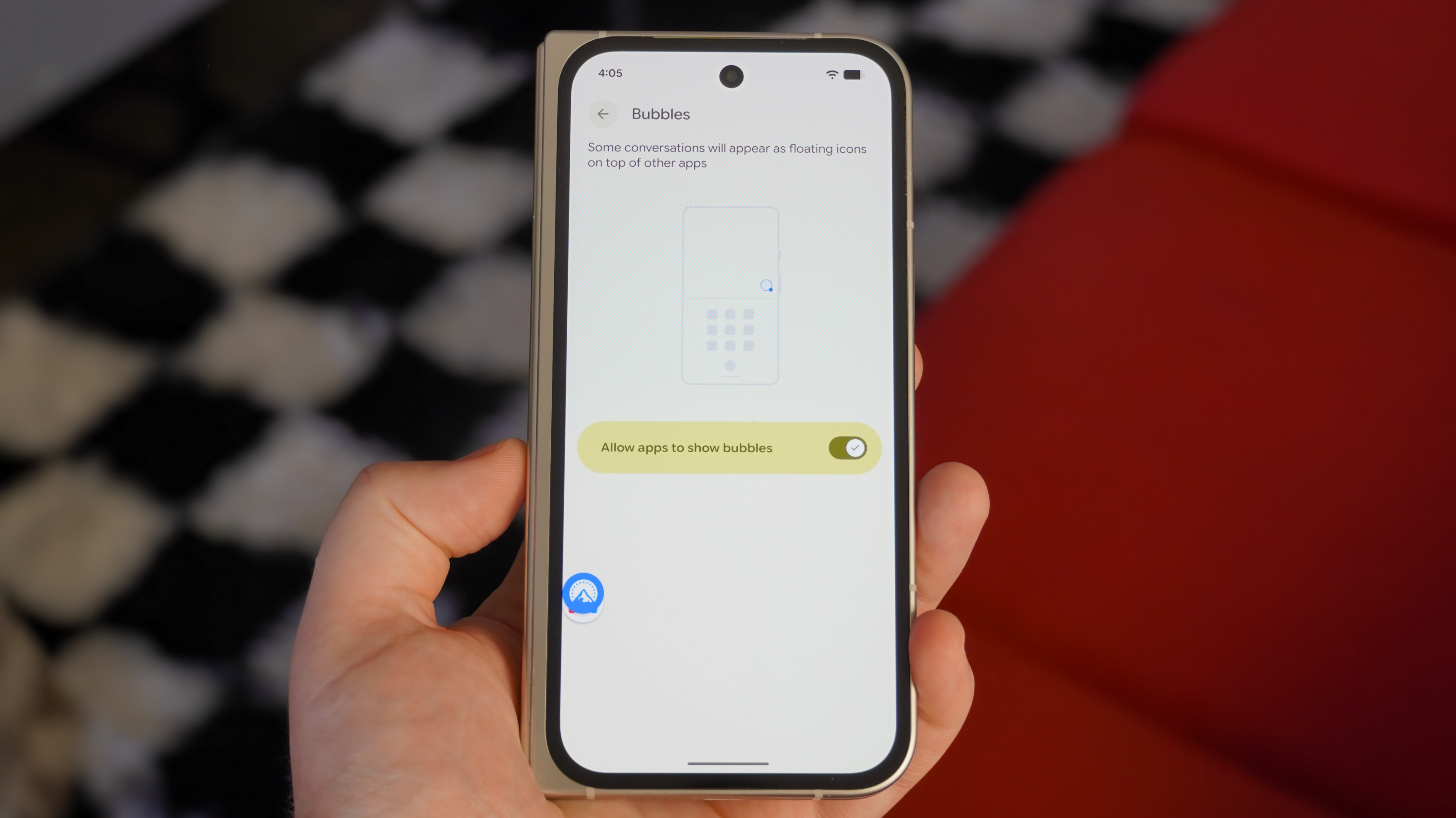App bubbles in Android 17 on a Pixel 9 Pro Fold.
