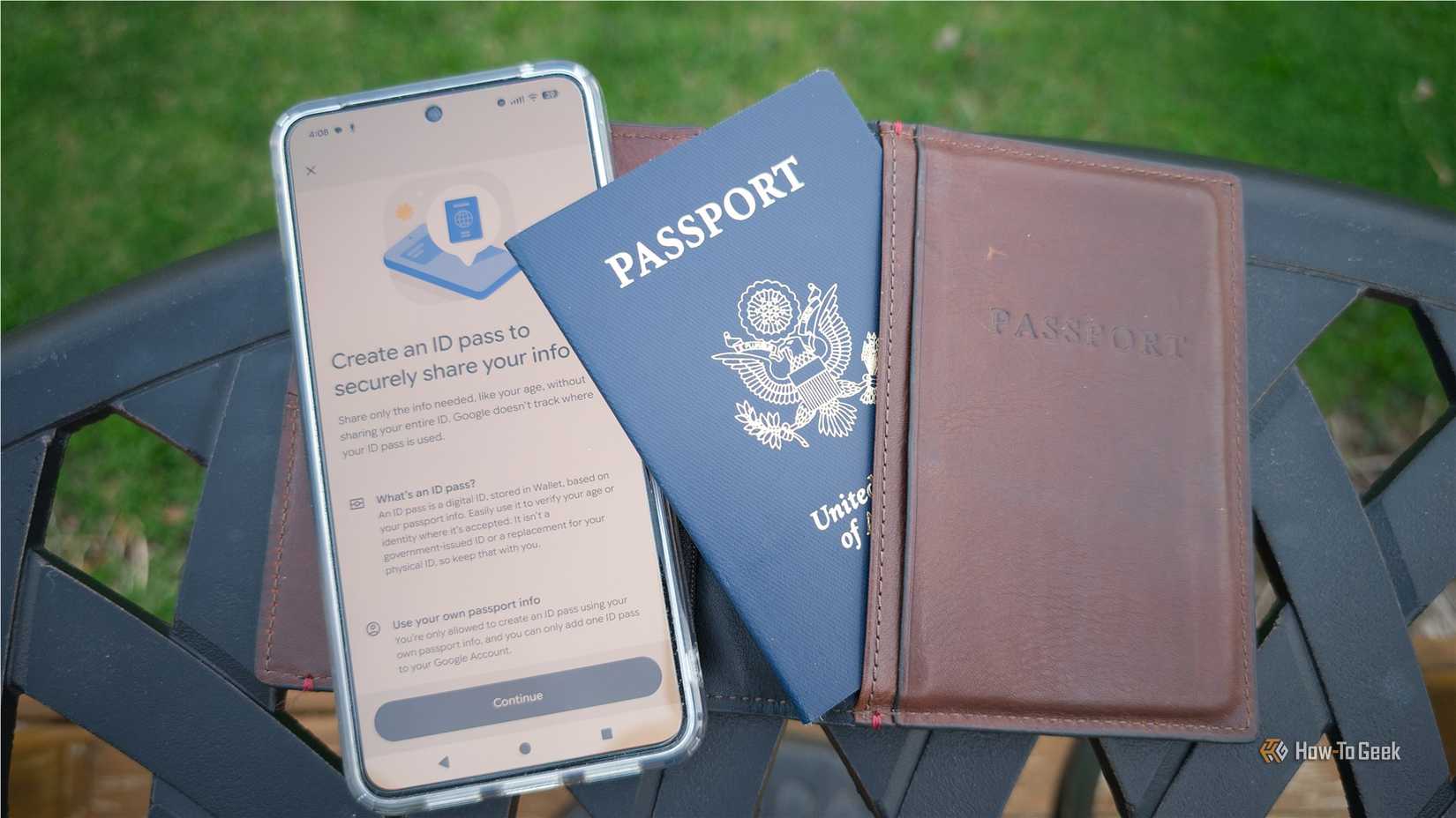 A US passport next to a Google Pixel 8 Pro and a passport book. 