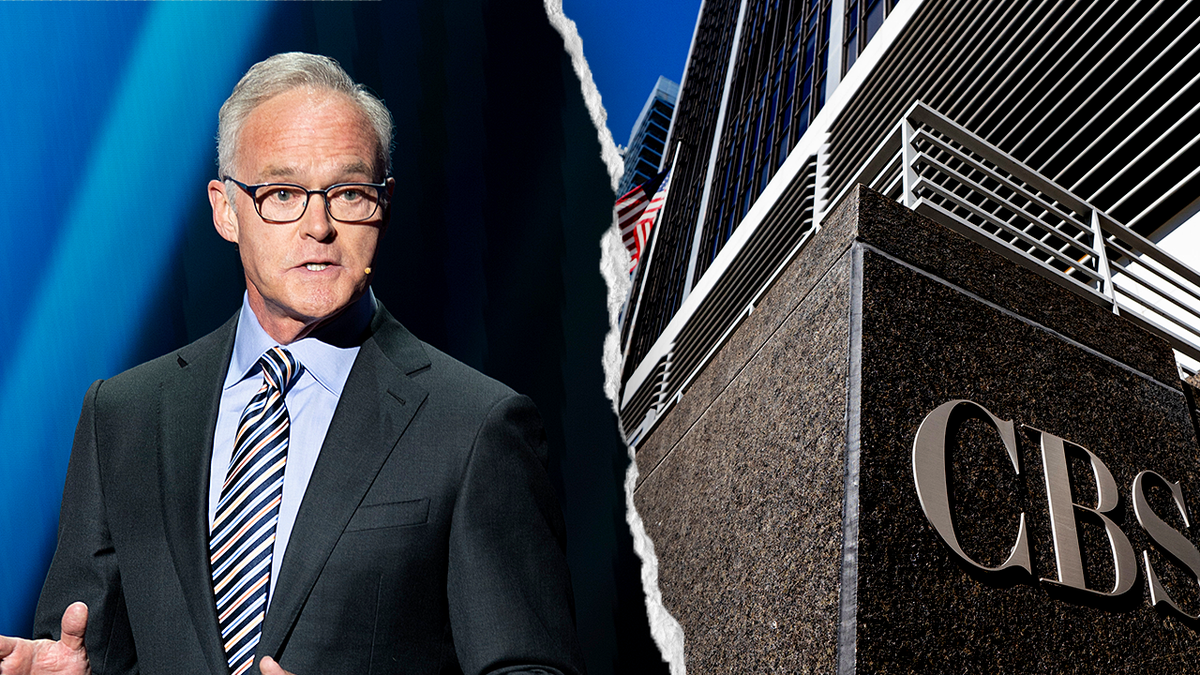 Scott Pelley and CBS building logo split
