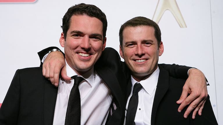 Peter Stefanovic and Karl Stefanovic pose in the awards room during the 2011 Logie Awards at Crown Palladium.
