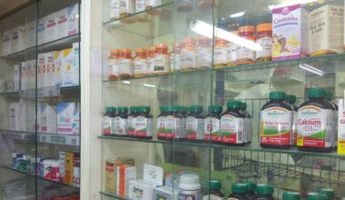 Drugs, vitamins, and related products in a pharmacy