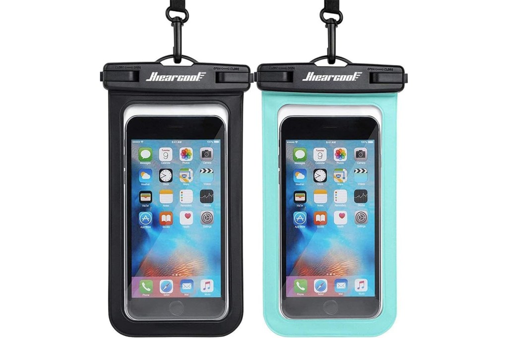 Two Hiearcool phone case pouches, one black and one light blue, with iPhones displaying the home screen inside.