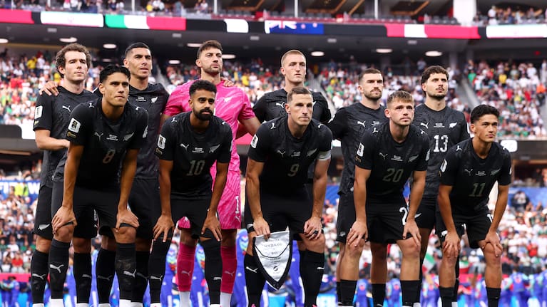 New Zealand pose for a team photograph before the FIFA World Cup 2026 Group G match with Iran at Los Angeles Stadium.