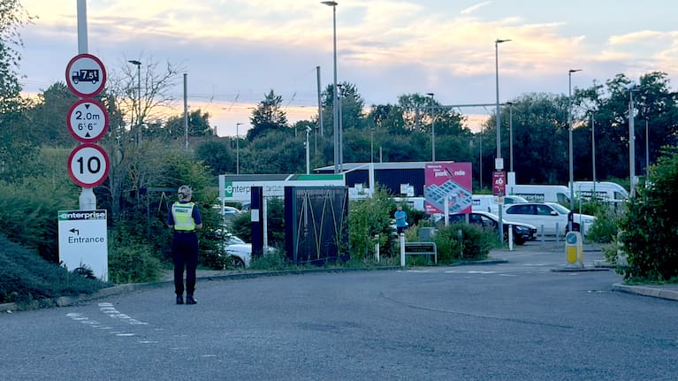 Police at Progress Park in Bedford, England, where families will pick up loved ones, after a train from Corby to London St. Pancras and another from Nottingham to London St. Pancras, collided.
