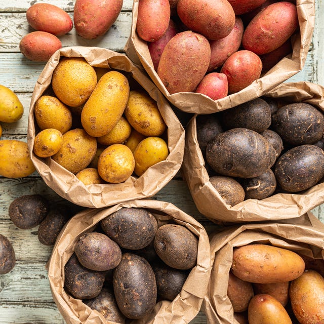 bags of different colored potatoes