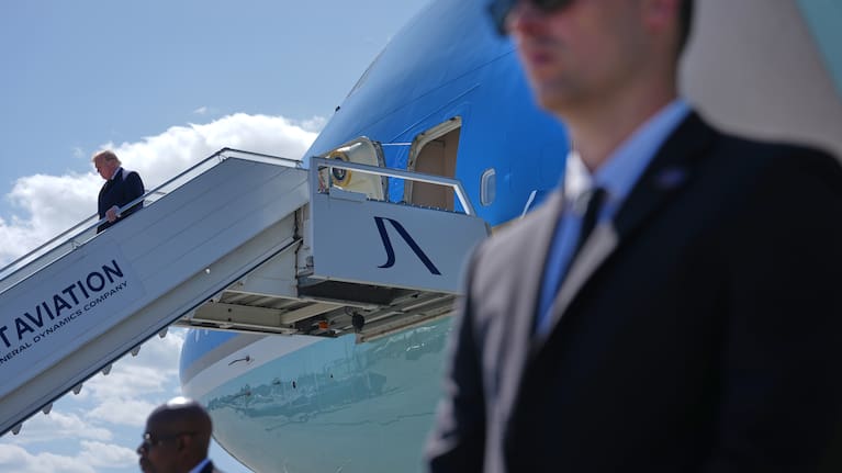 President Donald Trump disembarks Air Force One at Geneva Airport, ahead of the G7 Summit in France.