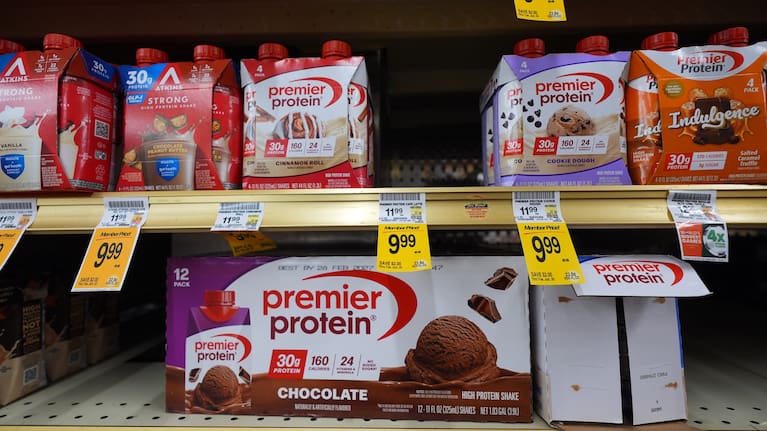 Protein products sit for sale at a grocery store, Wednesday, June 10, 2026, in Dallas.