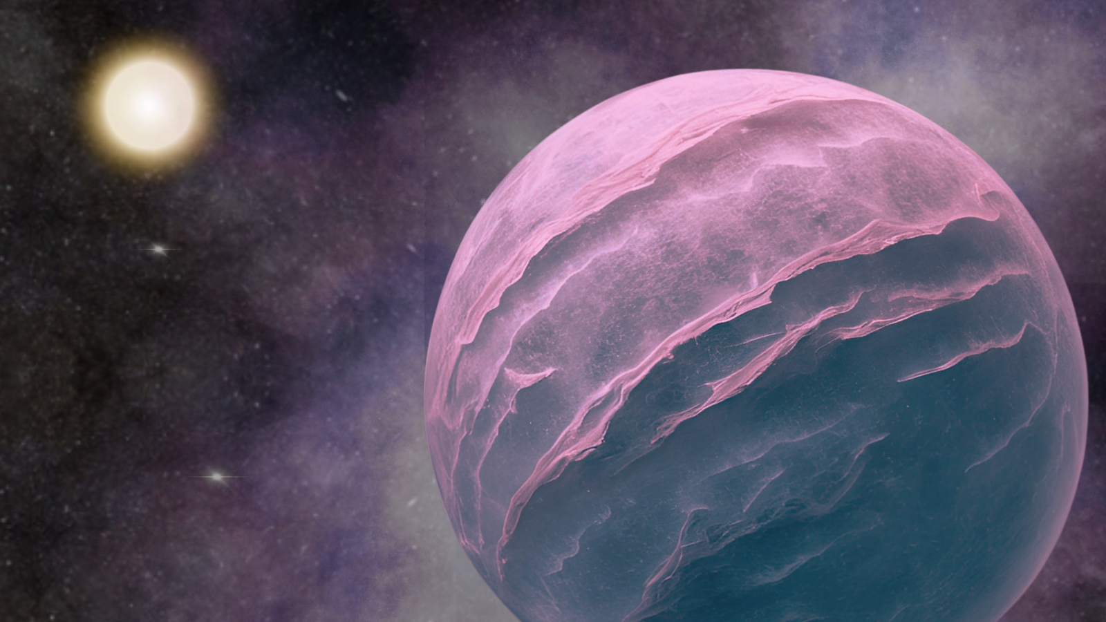 A pinkish world in the foreground while a glowing star is in the background.