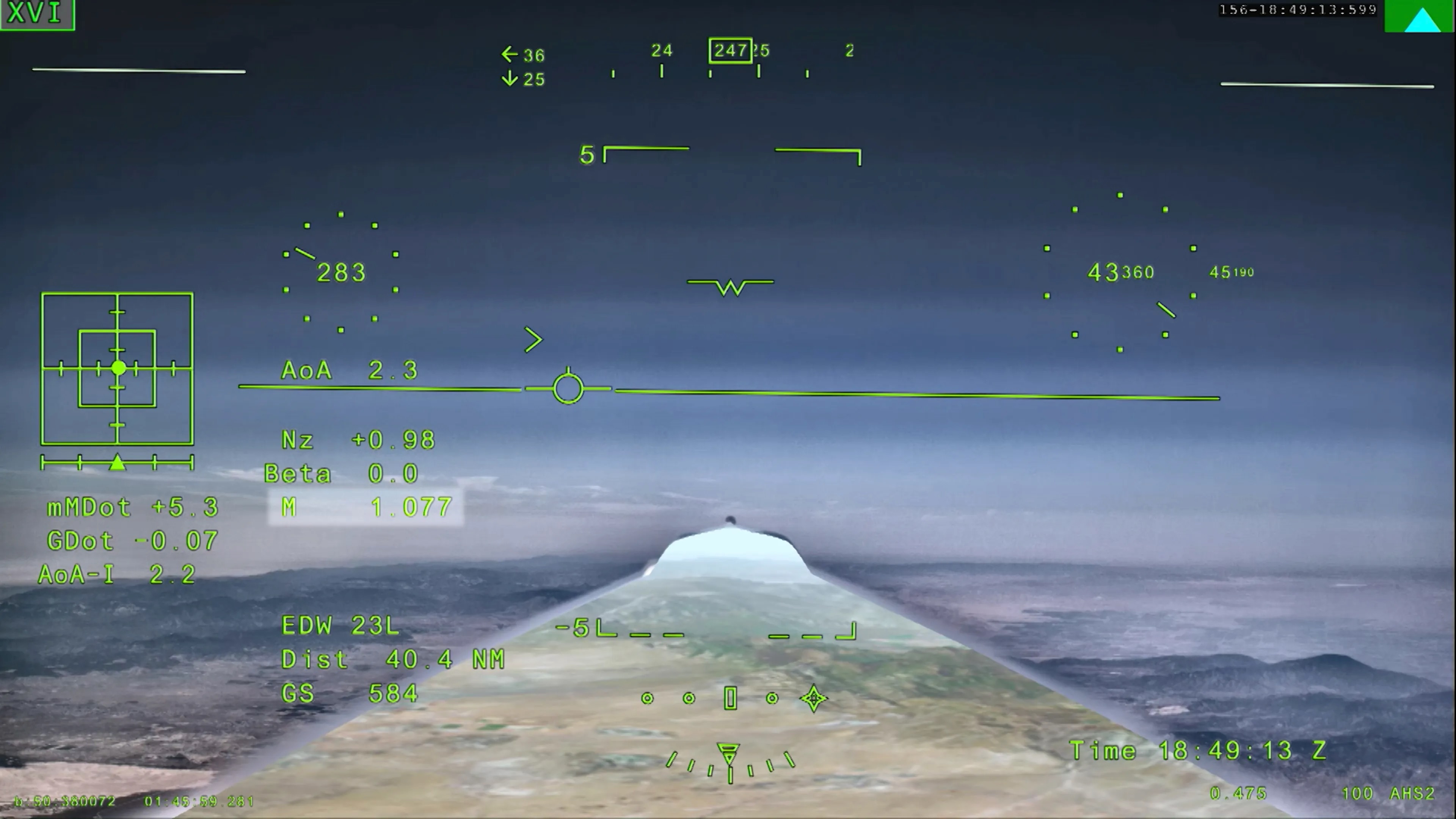 display in a jet's cockpit, showing speed and altitude and other numbers in green against a simulated view out the window
