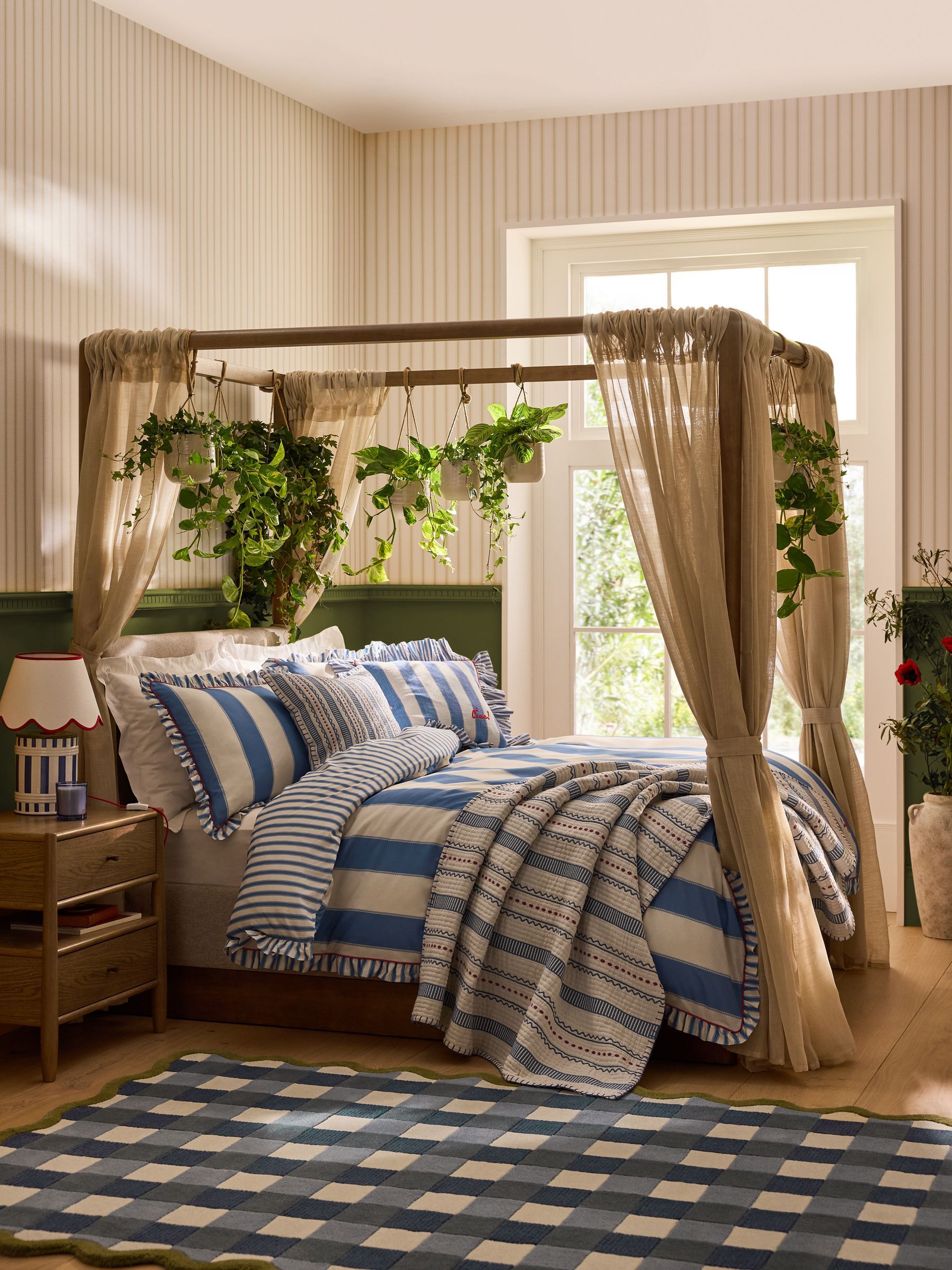 Lia Gold X Next Blue Malfadine Stripe Ruffle 100% Cotton Duvet Cover and Pillowcase Set - Size Single