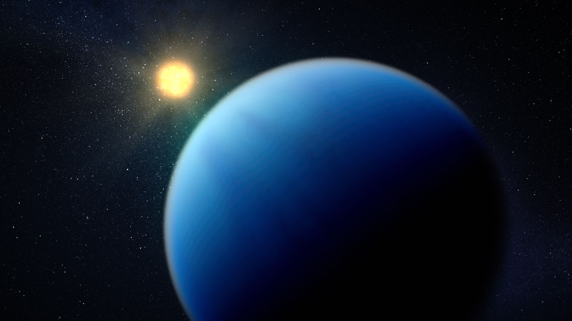 An illustration of a blue planet with a star in the background.